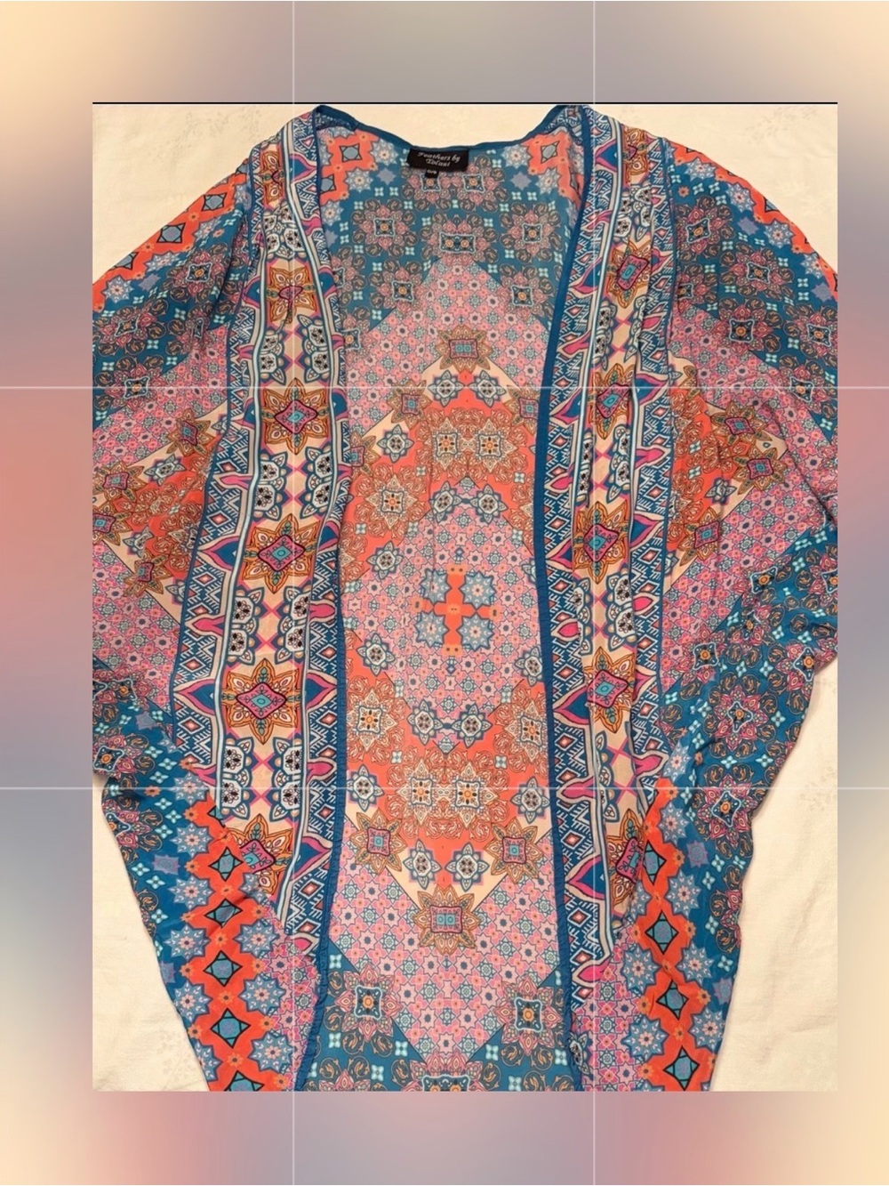 TOLANI - Feathers by Tolani Boho Print Kimono in Coral & Teal EUC